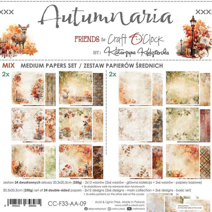 Ensemble de 24 feuilles, 20x20cm, collection : Autumnaria - Craft O Clock, 250g