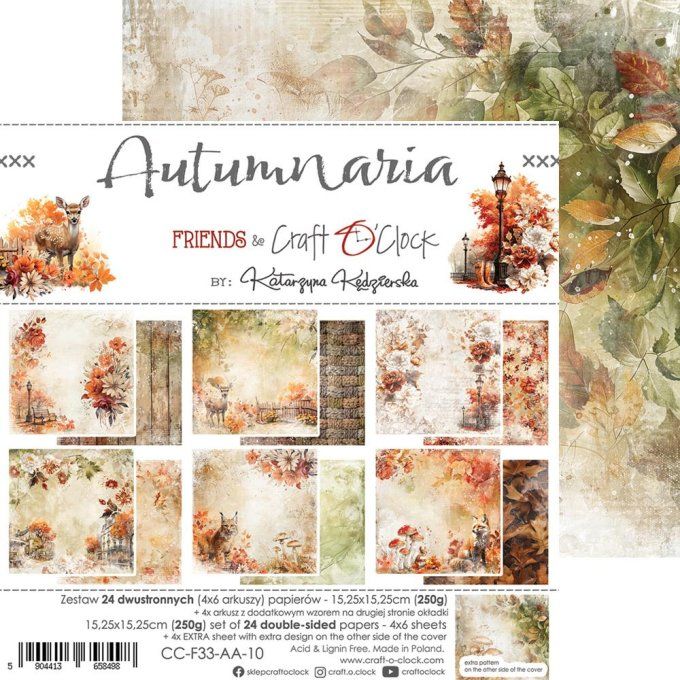 Ensemble de 24 feuilles, 15x15cm, collection : Autumnaria - Craft O Clock 