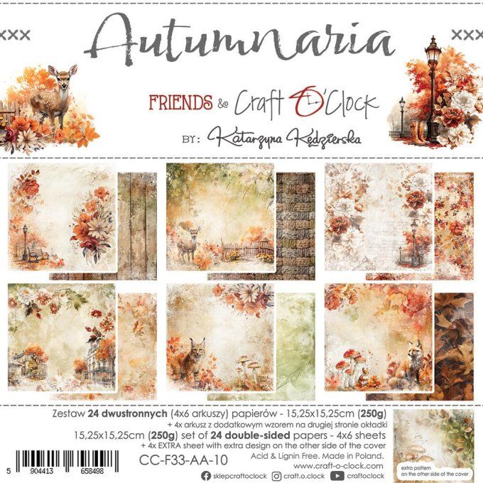 Ensemble de 24 feuilles, 15x15cm, collection : Autumnaria - Craft O Clock 