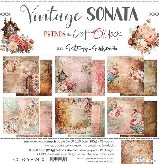 Ensemble de 6 feuilles, 30x30cm, collection : Vintage Sonata - Craft O Clock, 250g