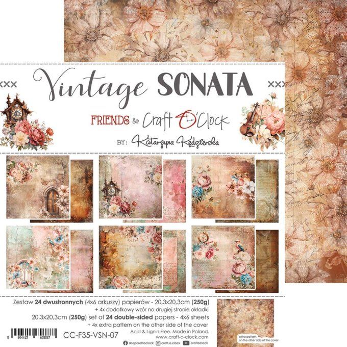 Ensemble de 24 feuilles, 20x20cm, collection : Vintage Sonata - Craft O Clock, 250g