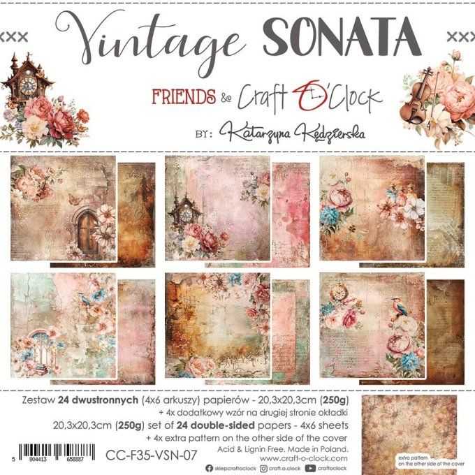 Ensemble de 24 feuilles, 20x20cm, collection : Vintage Sonata - Craft O Clock, 250g