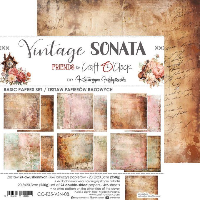 Ensemble de 24 feuilles, 20x20cm, collection : Vintage Sonata - Craft O Clock, 250g