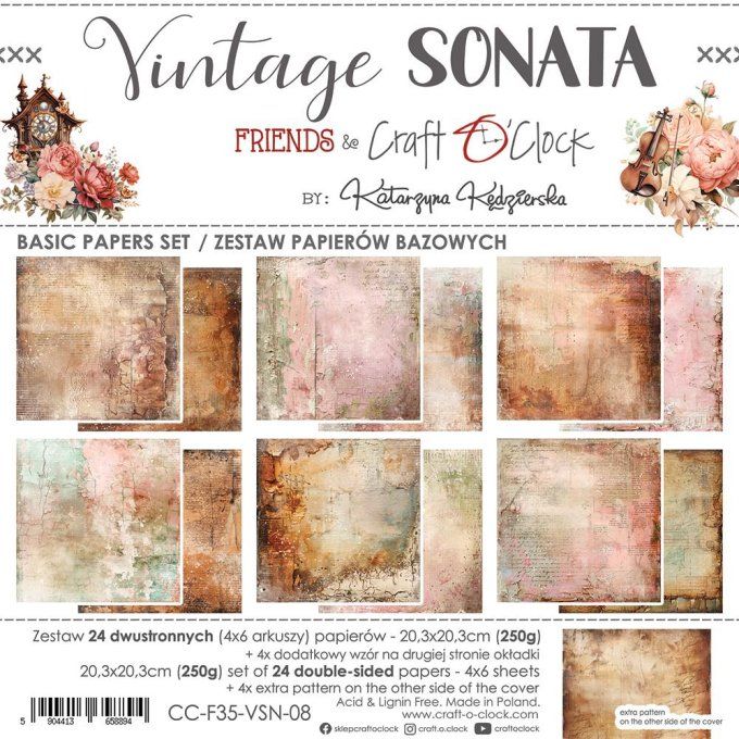 Ensemble de 24 feuilles, 20x20cm, collection : Vintage Sonata - Craft O Clock, 250g