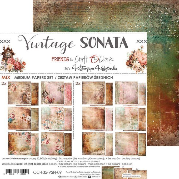 Ensemble de 24 feuilles, 20x20cm, collection : Vintage Sonata - Craft O Clock, 250g - Mix