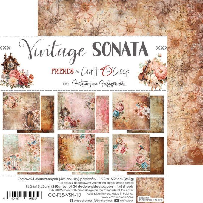 Ensemble de 24 feuilles, 15x15cm, collection : Vintage Sonata - Craft O Clock, 250g