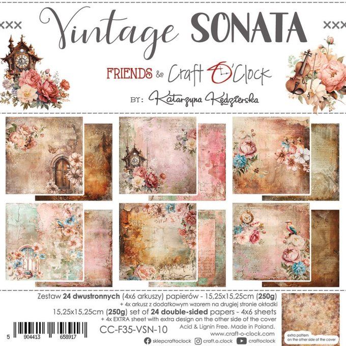 Ensemble de 24 feuilles, 15x15cm, collection : Vintage Sonata - Craft O Clock, 250g