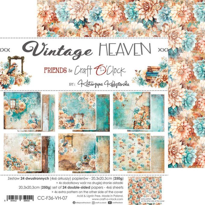 Ensemble de 24 feuilles, 20x20cm, collection : Vintage heaven - Craft O Clock, 250g