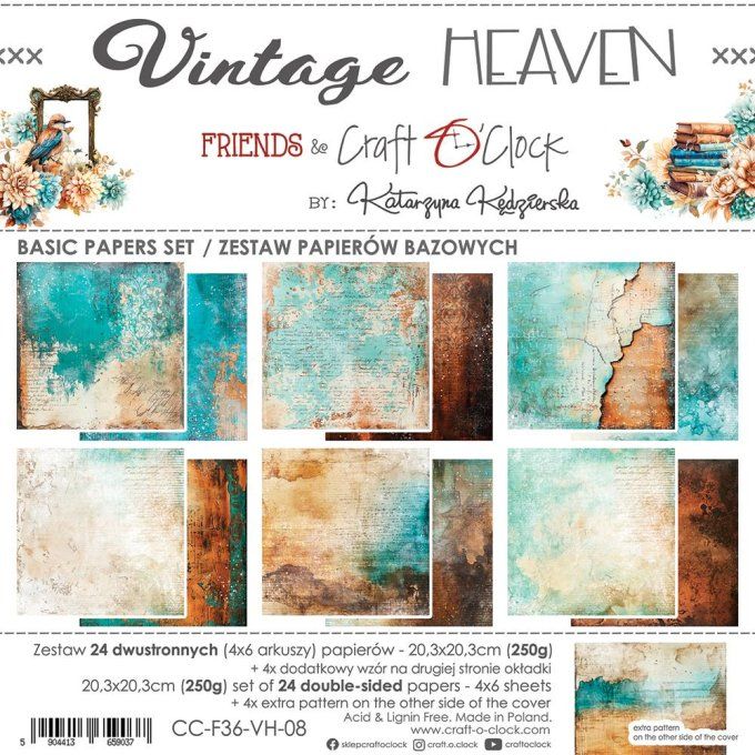 Ensemble de 24 feuilles, 20x20cm, collection : Vintage Heaven - Craft O Clock, 250g