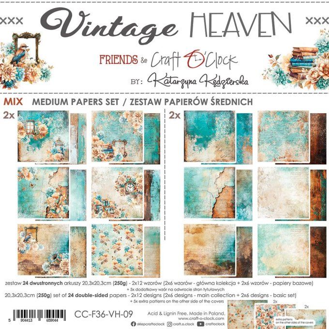 Ensemble de 24 feuilles, 20x20cm, collection : Vintage heaven - Craft O Clock, 250g - Mix