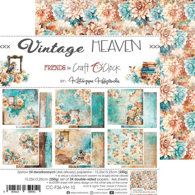 Ensemble de 24 feuilles, 15x15cm, collection : Vintage heaven - Craft O Clock, 250g