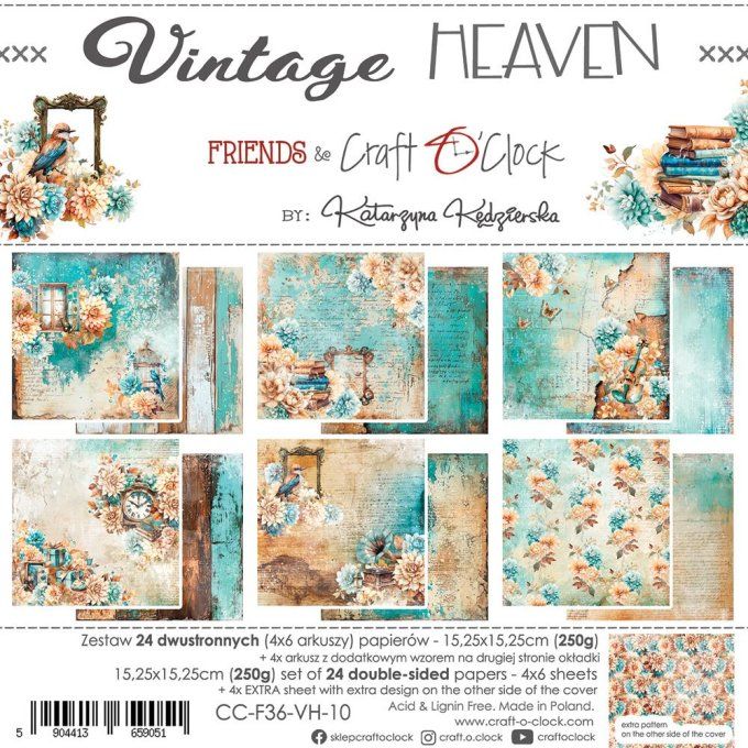 Ensemble de 24 feuilles, 15x15cm, collection : Vintage heaven - Craft O Clock, 250g