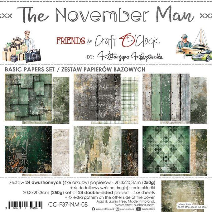 Ensemble de 24 feuilles, 20x20cm, collection : The November Man - Craft O Clock, 250g