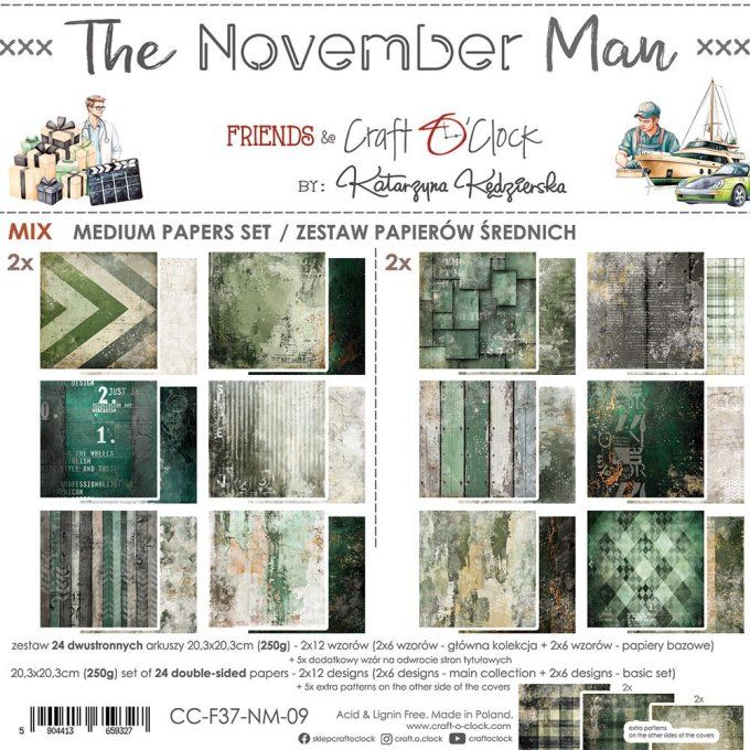 Ensemble de 24 feuilles, 20x20cm, collection : The November Man - Craft O Clock, 250g - Mix