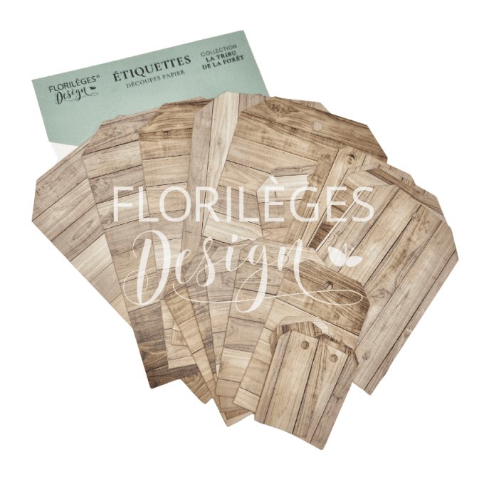 Florilèges Design, 21 Die-cuts, forme TAG, imprimés bois