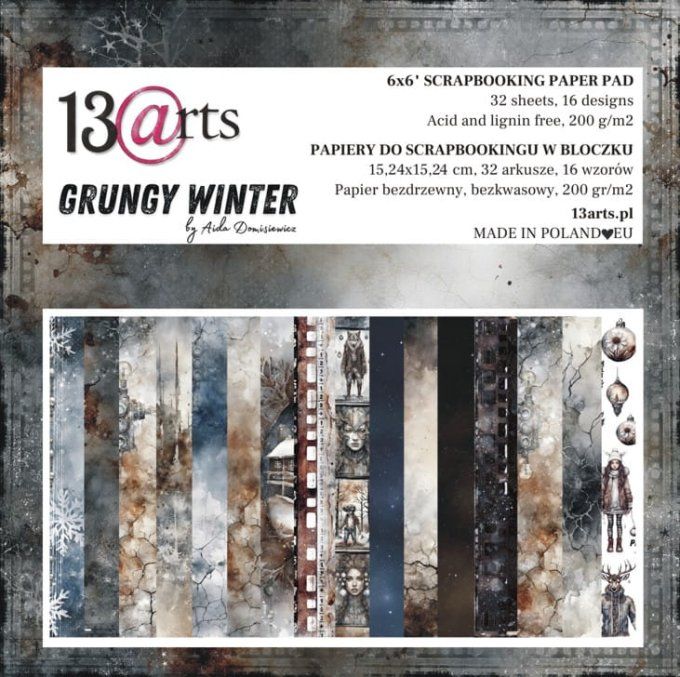 Ensemble de 32 feuilles, 15x15cm, Collection : Grungy winter, 13@rts - Motif recto - 250g