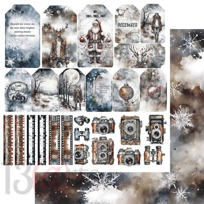 Ensemble de 8 feuilles, 30x30cm, Collection : Grungy winter, 13@rts - Motif recto verso  - 250g