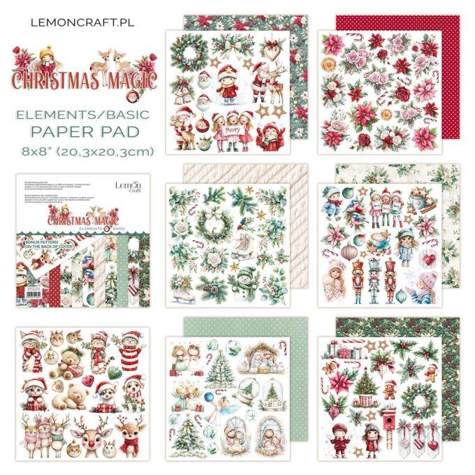 LemonCraft - Bloc de 18 feuilles, 20x20cm - Christmas magic - 250g - Elements and basic