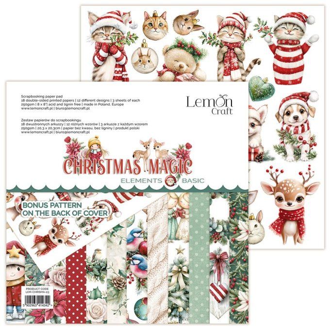 LemonCraft - Bloc de 18 feuilles, 20x20cm - Christmas magic - 250g - Elements and basic