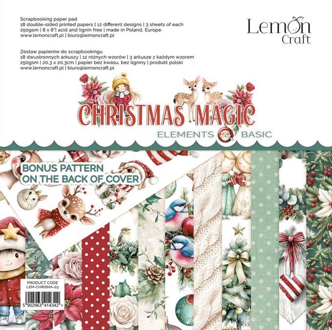 LemonCraft - Bloc de 18 feuilles, 20x20cm - Christmas magic - 250g - Elements and basic