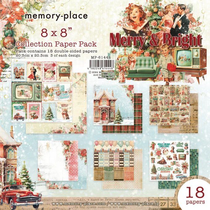 Ensemble de 18 feuilles, format 20x20cm, Memory-Place, Merry & bright - motif recto verso 