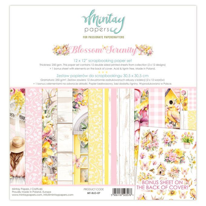 Ensemble de 12 feuilles, format 30.5x30.5cm, Collection Blossom Serenity, motif recto verso, 250g