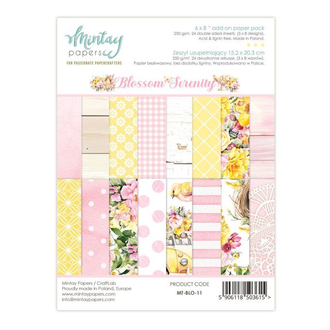 Ensemble de 24 feuilles, format : 15x20cm, Collection Blossom Serenity, motif recto verso, 250g