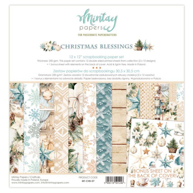 Ensemble de 12 feuilles, format 30.5x30.5cm, Collection christmas blessings, motif recto verso, 250g