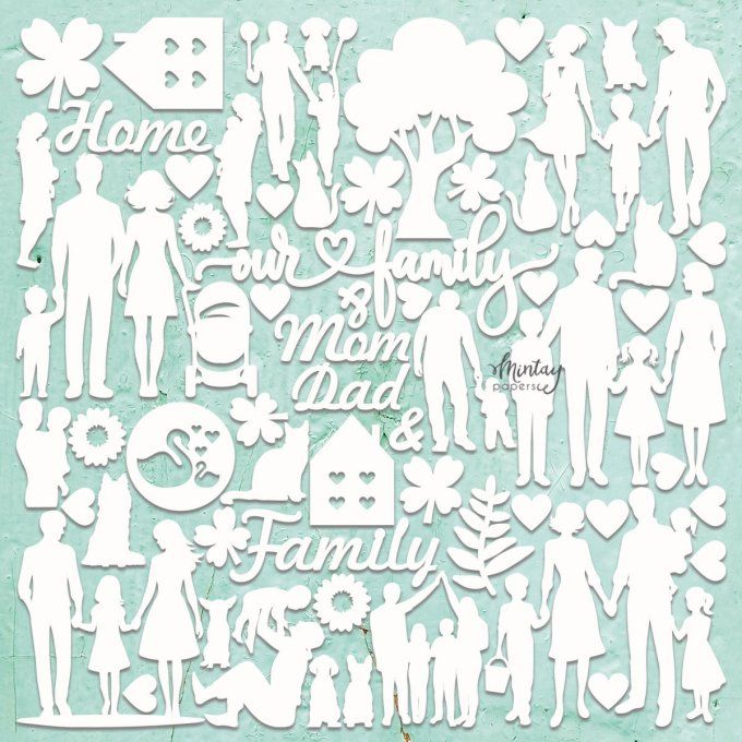 Chipboards, Mintay chippies - Famille - planche de 30x30cm