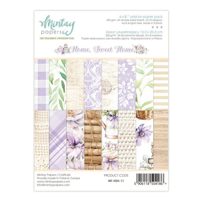 Ensemble de 24 feuilles, format : 15x20cm, Collection Home Sweet Home, motif recto verso, 250g