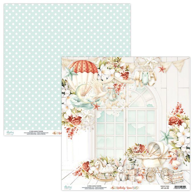 Ensemble de 12 feuilles, format 30.5x30.5cm, Collection Lullaby lane , motif recto verso, 250g