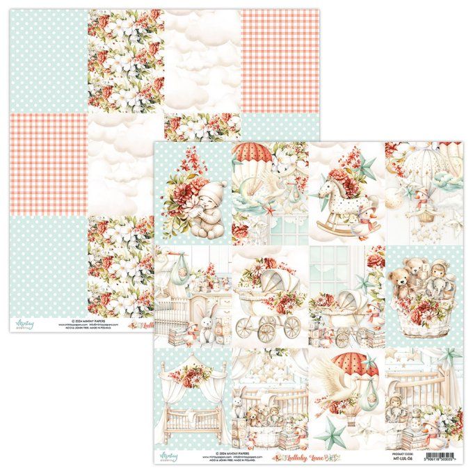 Ensemble de 12 feuilles, format 30.5x30.5cm, Collection Lullaby lane , motif recto verso, 250g