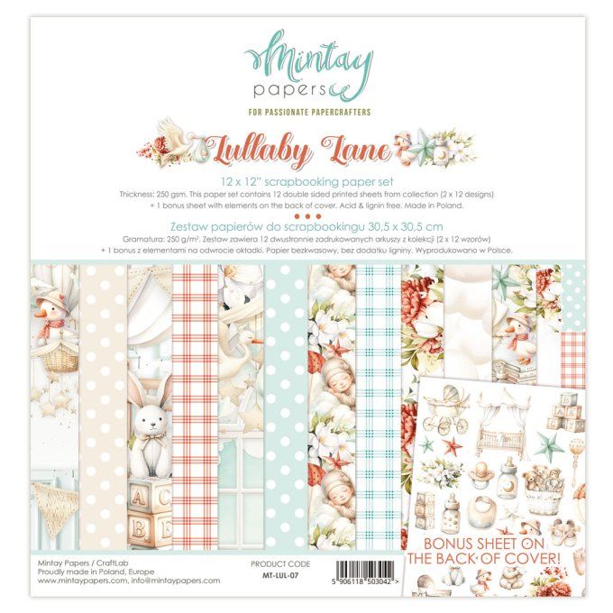 Ensemble de 12 feuilles, format 30.5x30.5cm, Collection Lullaby lane , motif recto verso, 250g