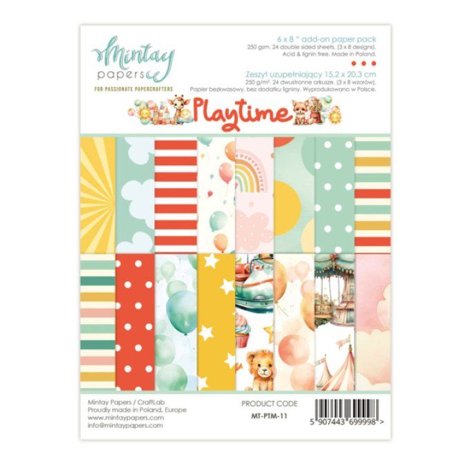 Ensemble de 24 feuilles, format : 15x20cm, Collection Playtime, motif recto verso, 250g