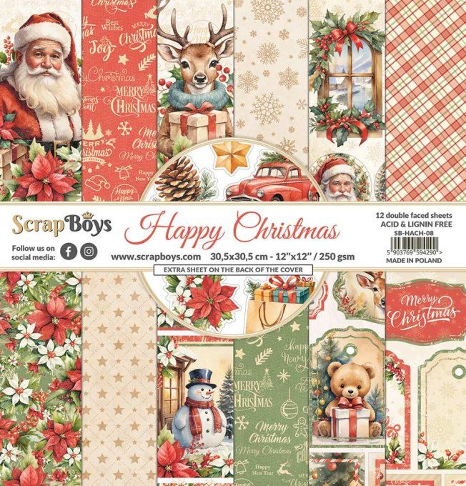 Ensemble de 12 feuilles 30x30cm, Scrapboys, Happy christmas - 250gsm