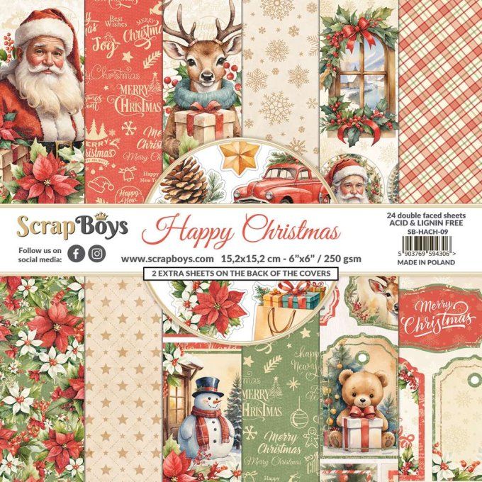 Ensemble de 24 feuilles 15x15cm, Scrapboys, Happy christmas - 250gsm