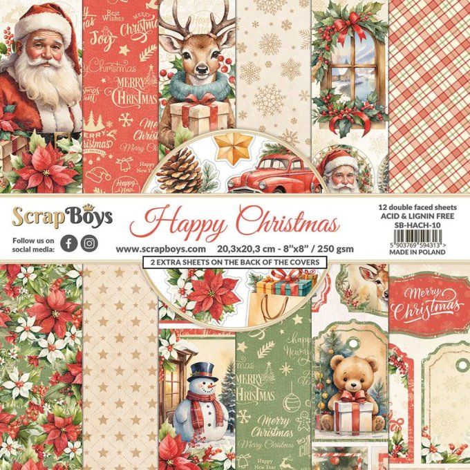 Ensemble de 12 feuilles 20x20cm, Scrapboys, Happy christmas - 250gsm 