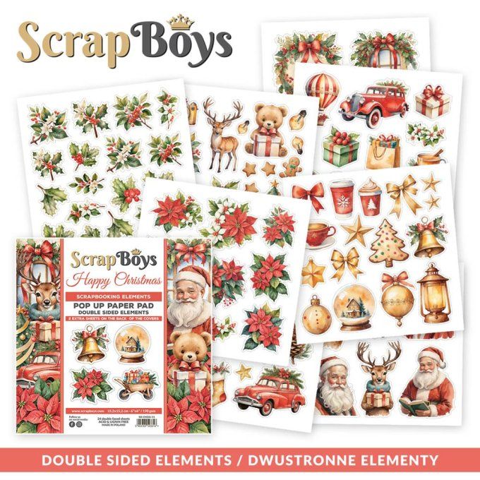 Ensemble de 24 feuilles 15x15cm, Pop-up, Scrapboys, Happy christmas - 190gsm