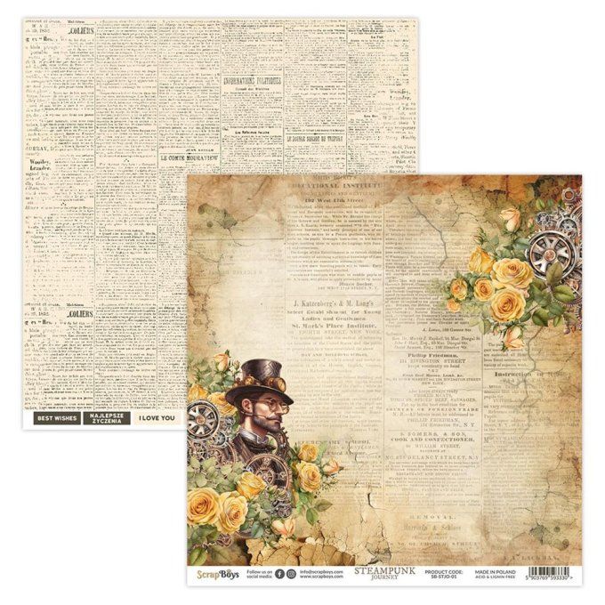 Ensemble de 24 feuilles 15x15cm, Scrapboys, Steampunk journey - 250gsm