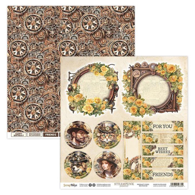 Ensemble de 24 feuilles 15x15cm, Scrapboys, Steampunk journey - 250gsm