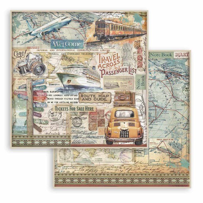 Papier scrapbooking, 30.5x30.5cm, Art of travelling, Stamperia - 10 feuilles