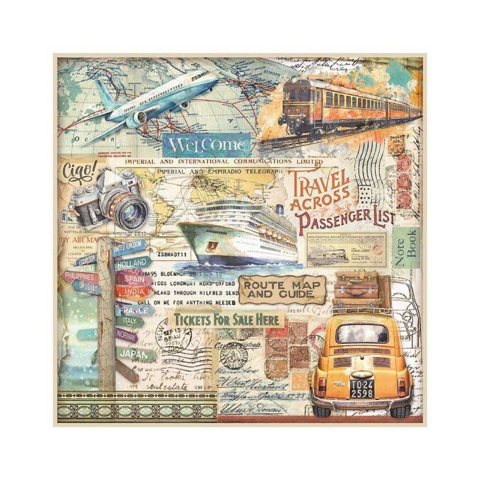 4 tissus polyester, collection : Art of travelling - Stamperia - dimension : 30x30cm