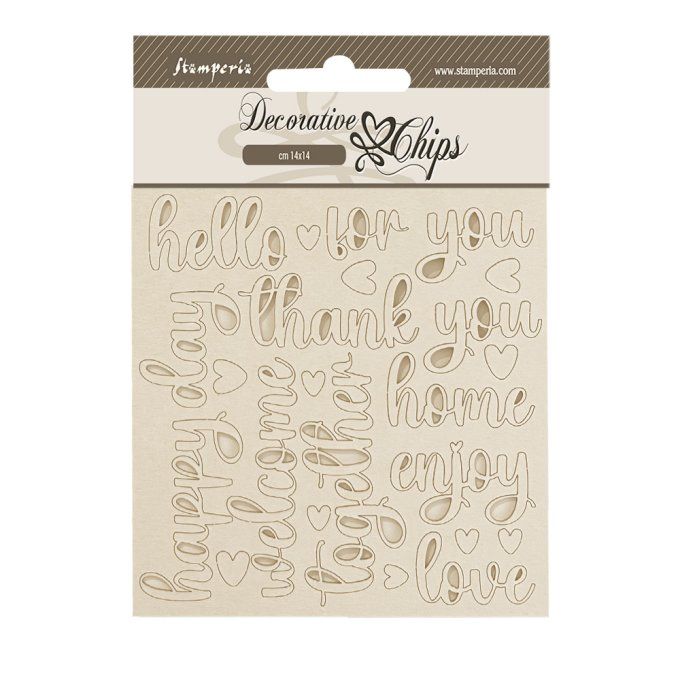 Stamperia, planche de chipboards - dimension 14x14cm - Golden harmony, Mots