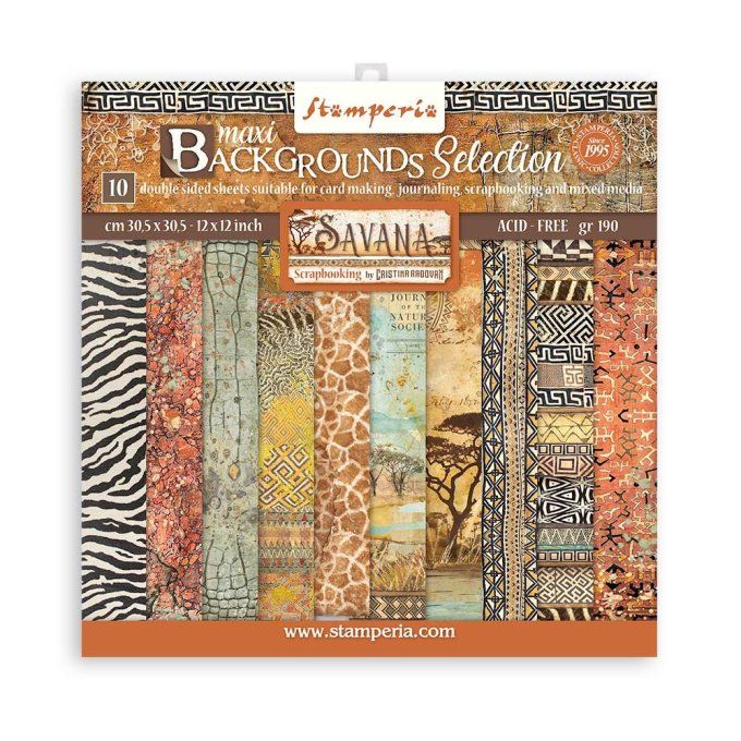 Collection Savana, background, 30x30cm - 10 feuilles motif recto verso - Stamperia - 190g